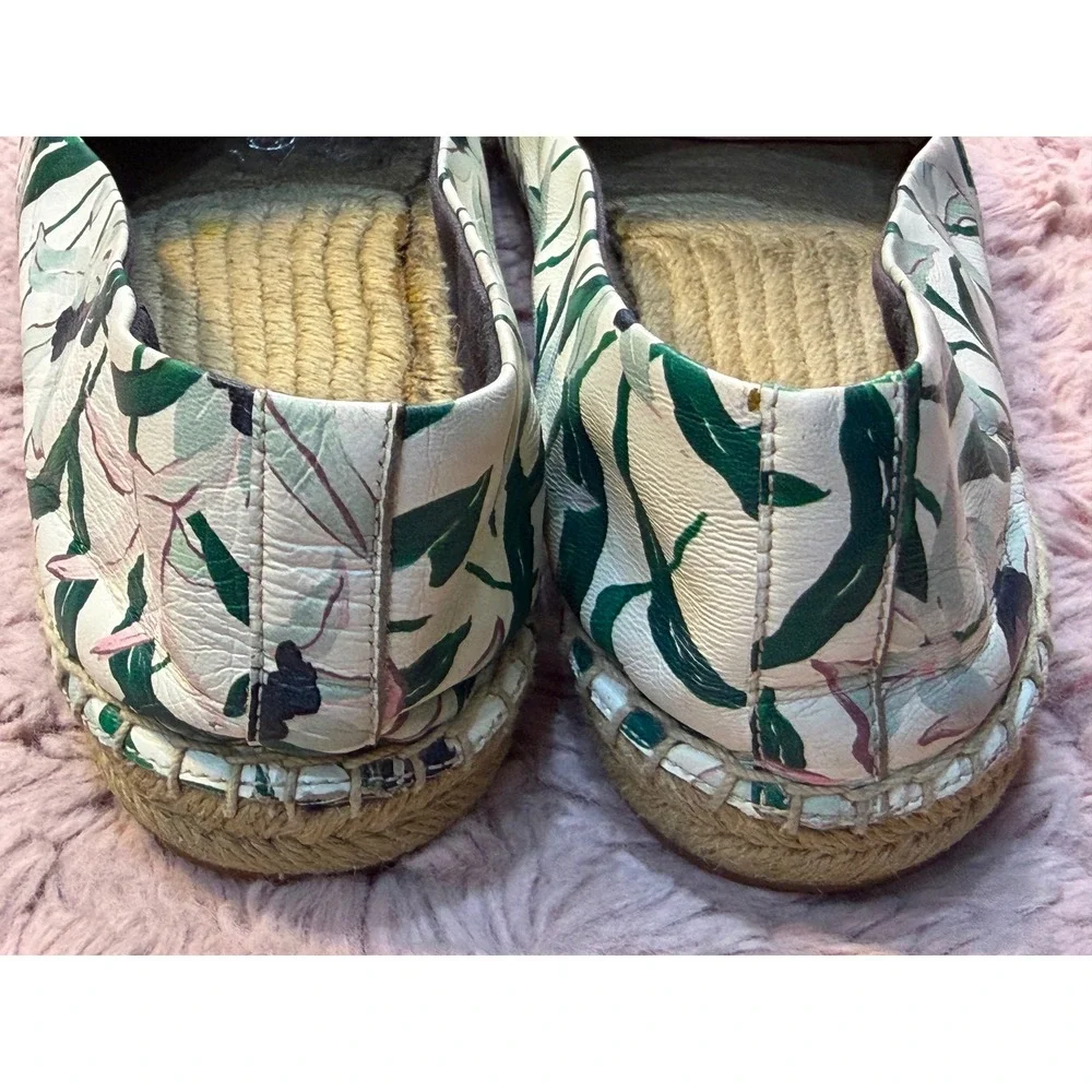 Tory Burch Floral‎ Leather Espadrilles Black Cap Toe Logo Flats Cream Green